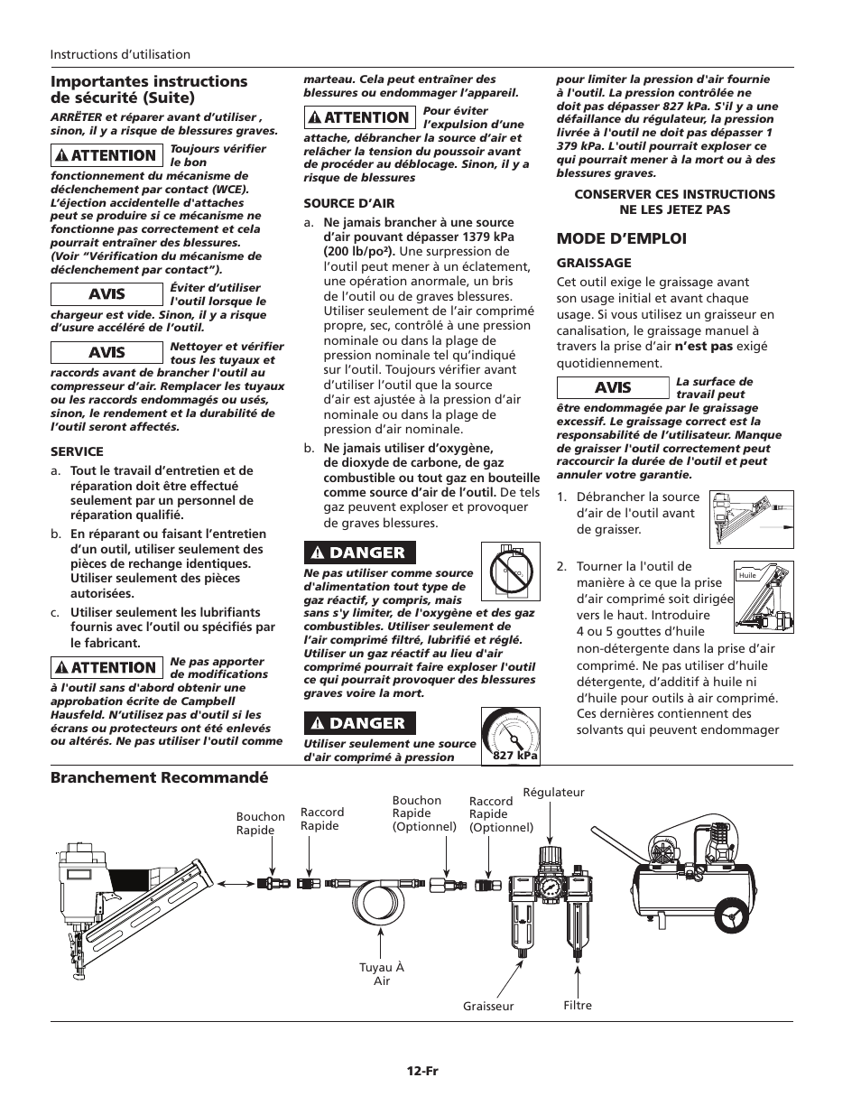 Mode d’emploi, Branchement recommandé, Importantes instructions de sécurité (suite) | Campbell Hausfeld IN715501AV User Manual | Page 12 / 24