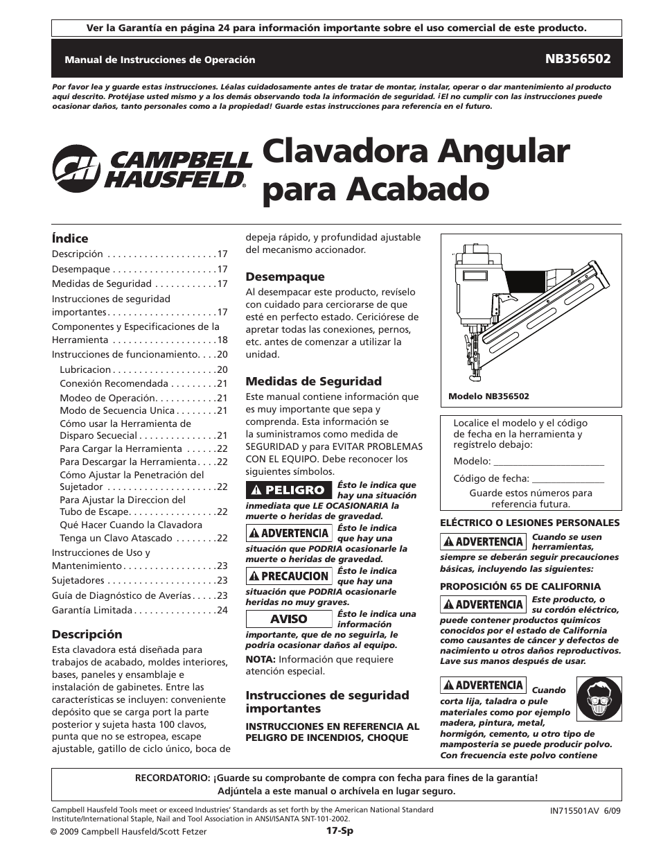 Clavadora angular para acabado | Campbell Hausfeld IN715501AV User Manual | Page 17 / 24