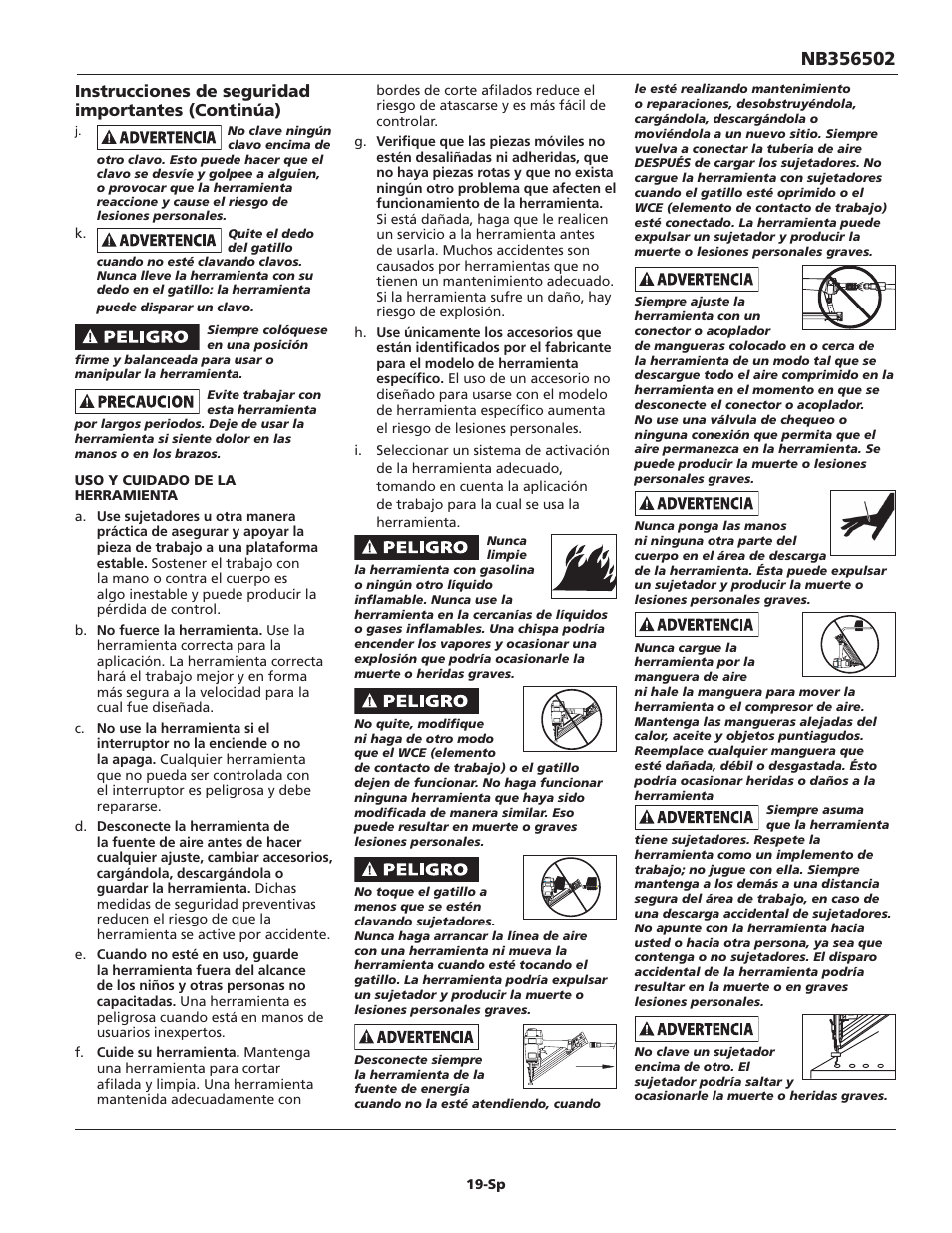 Instrucciones de seguridad importantes (continúa) | Campbell Hausfeld IN715501AV User Manual | Page 19 / 24