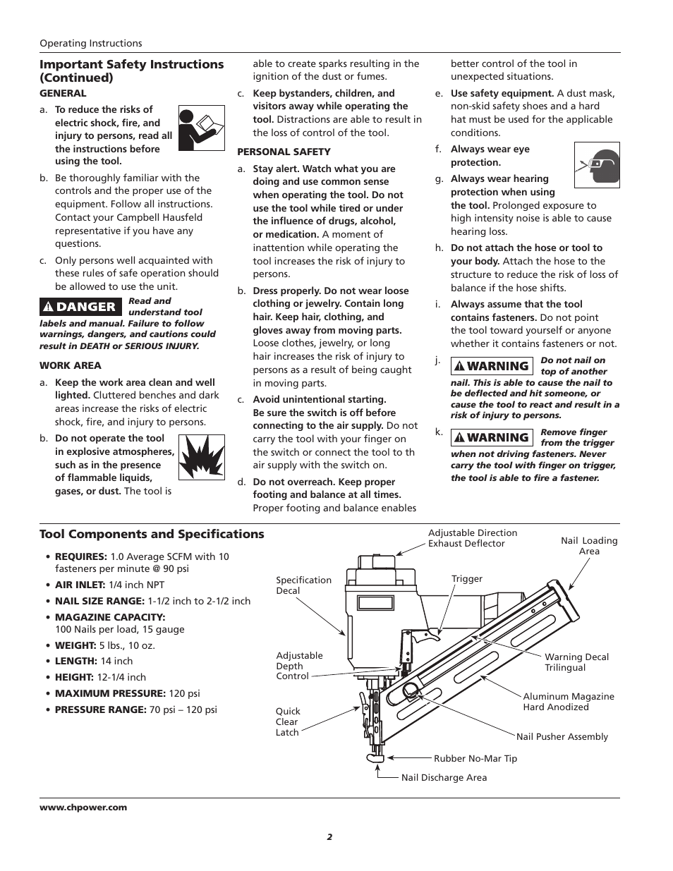 Important safety instructions (continued), Tool components and specifications | Campbell Hausfeld IN715501AV User Manual | Page 2 / 24