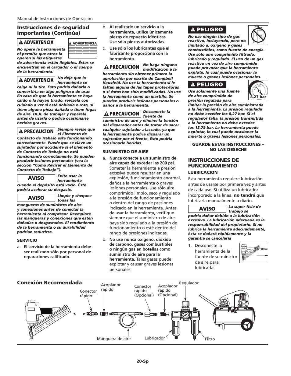 Instrucciones de funcionamiento | Campbell Hausfeld IN715501AV User Manual | Page 20 / 24