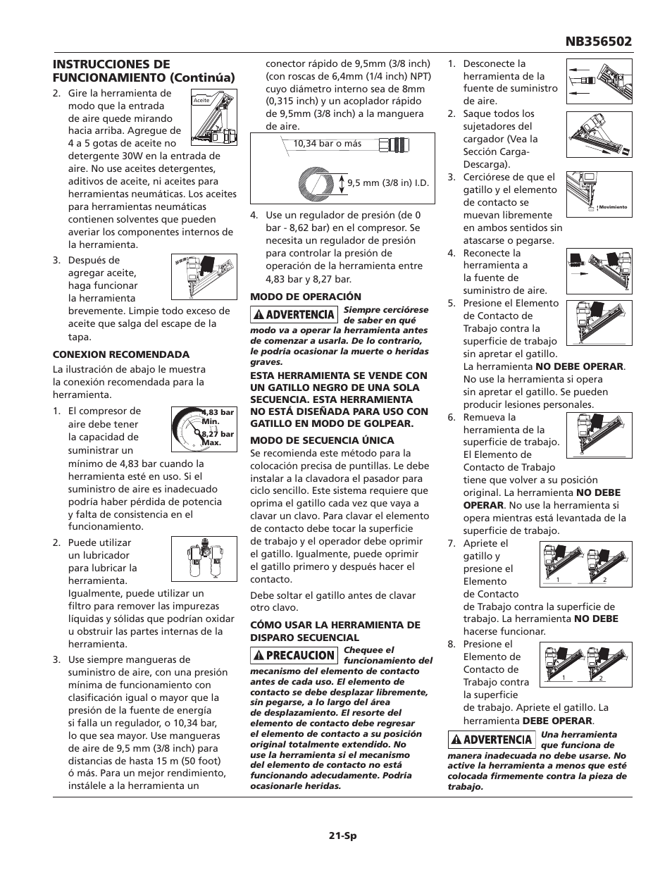 Instrucciones de funcionamiento (continúa) | Campbell Hausfeld IN715501AV User Manual | Page 21 / 24