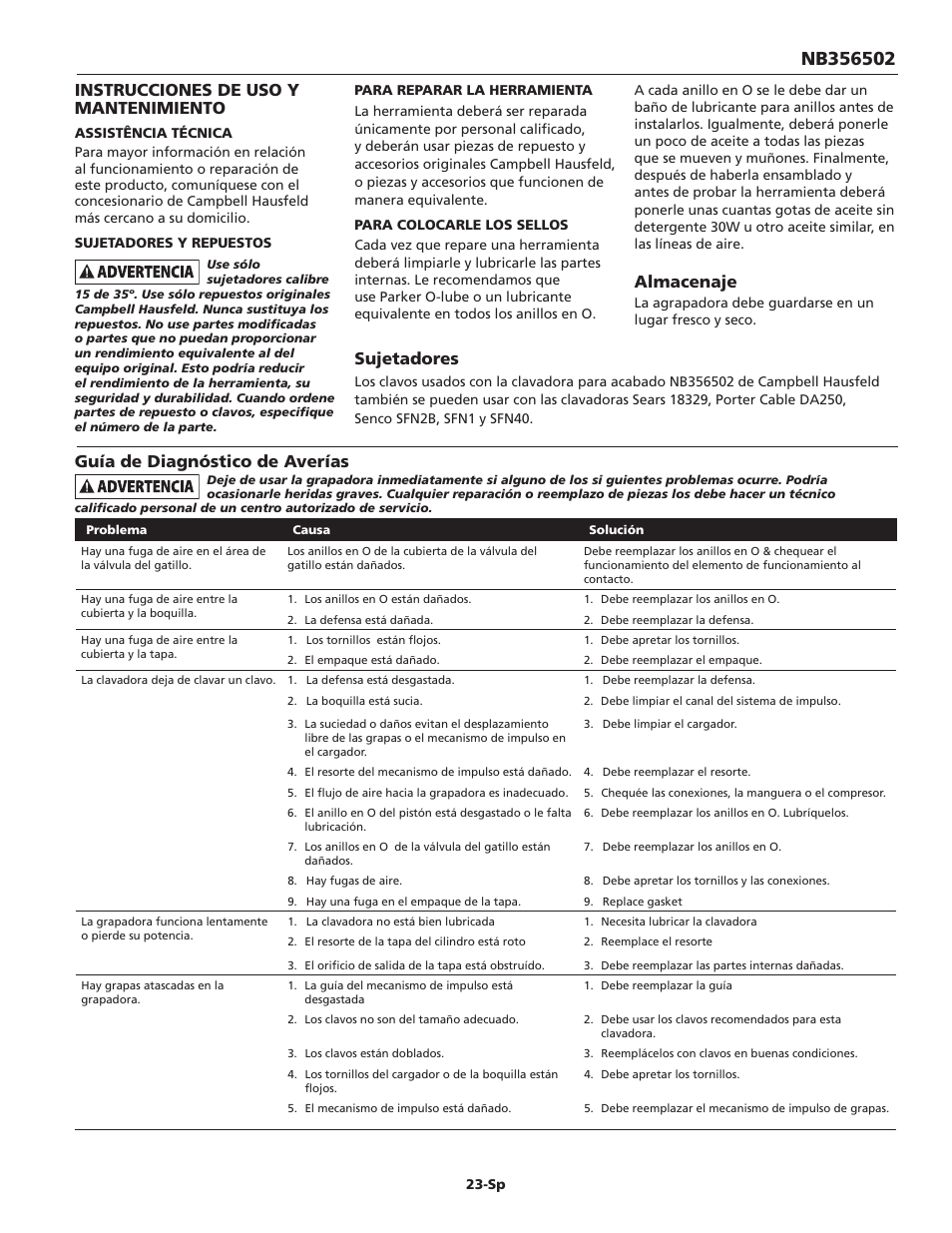 Instrucciones de uso y mantenimiento, Almacenaje, Sujetadores | Guía de diagnóstico de averías | Campbell Hausfeld IN715501AV User Manual | Page 23 / 24