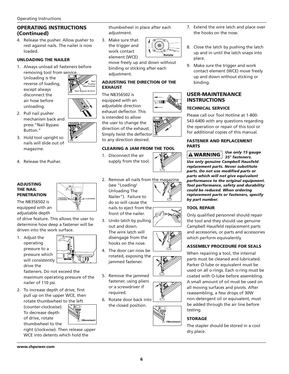 Operating instructions (continued), User-maintenance instructions | Campbell Hausfeld IN715501AV User Manual | Page 6 / 24