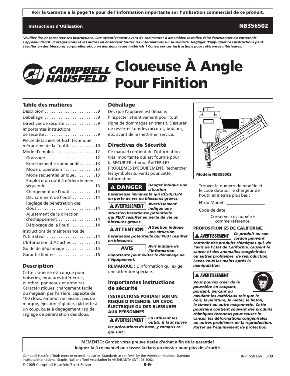 Cloueuse à angle pour finition | Campbell Hausfeld IN715501AV User Manual | Page 9 / 24