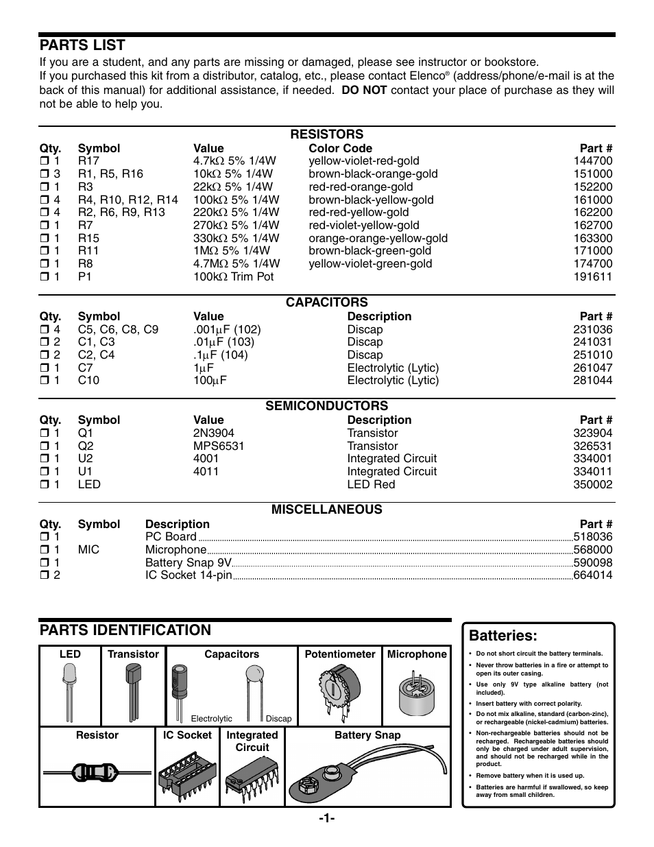 Parts list, Parts identification, Batteries | Elenco Sound Activated Switch User Manual | Page 2 / 8