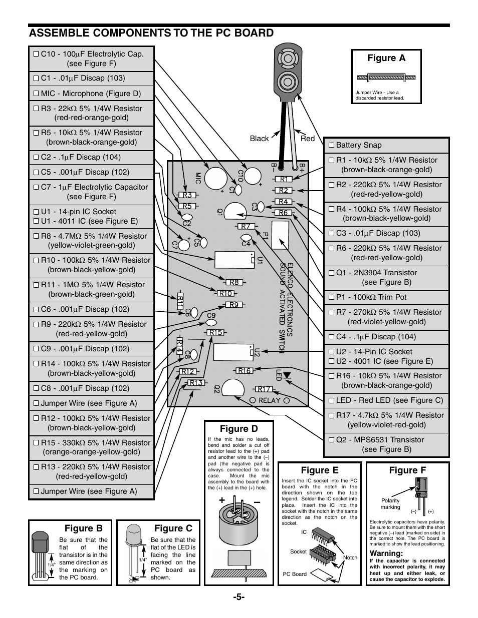 Assemble components to the pc board | Elenco Sound Activated Switch User Manual | Page 6 / 8
