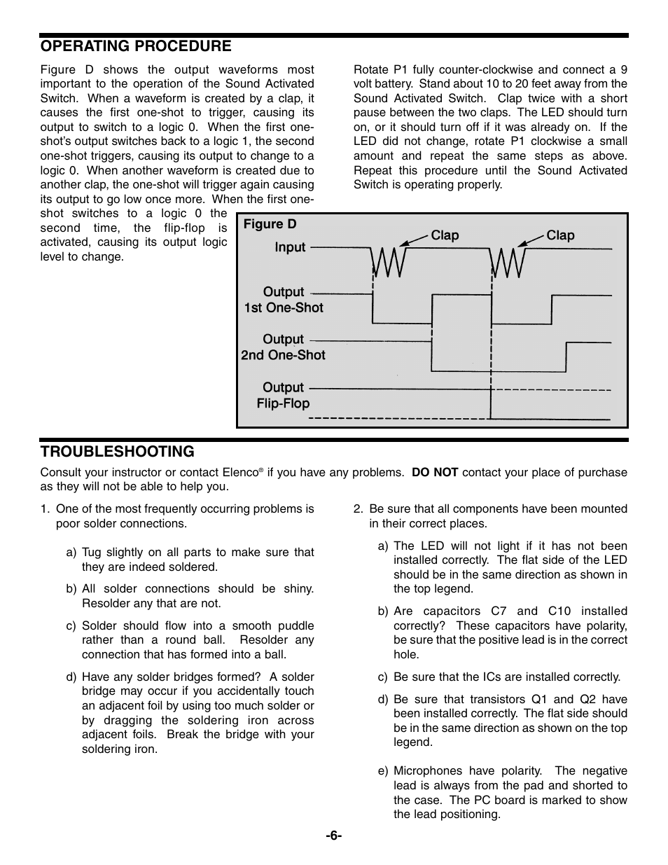 Operating procedure, Troubleshooting | Elenco Sound Activated Switch User Manual | Page 7 / 8