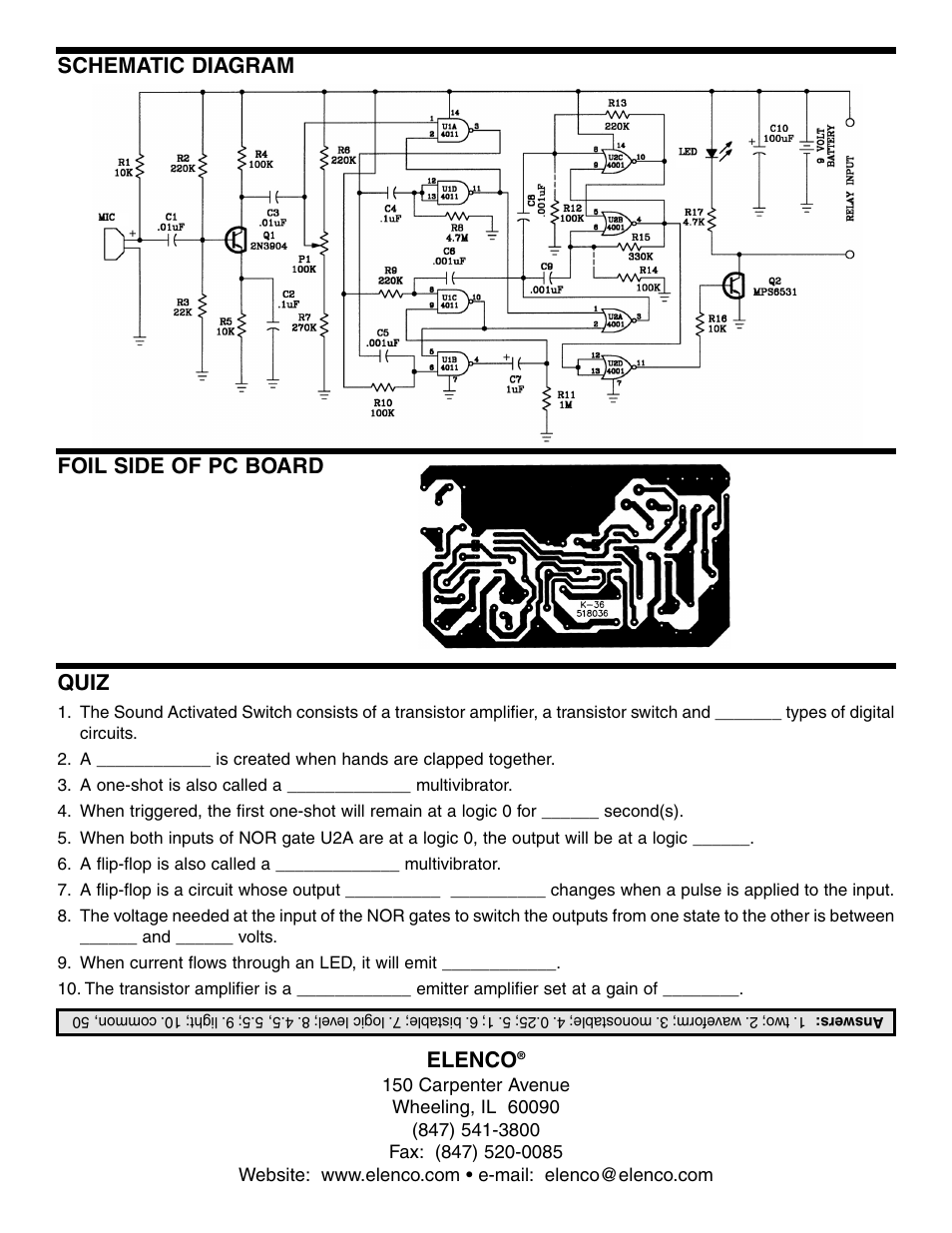 Schematic diagram quiz, Foil side of pc board elenco | Elenco Sound Activated Switch User Manual | Page 8 / 8