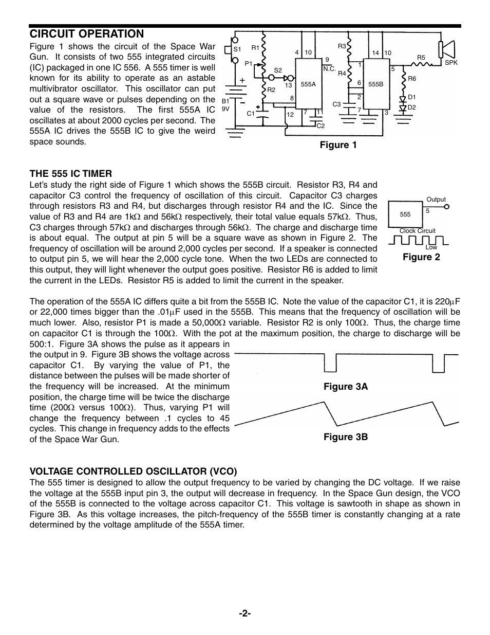 Circuit operation, The 555 ic timer, Voltage controlled oscillator (vco) | Figure 2 figure 3b figure 3a, Figure 1 | Elenco Space War Gun User Manual | Page 3 / 8