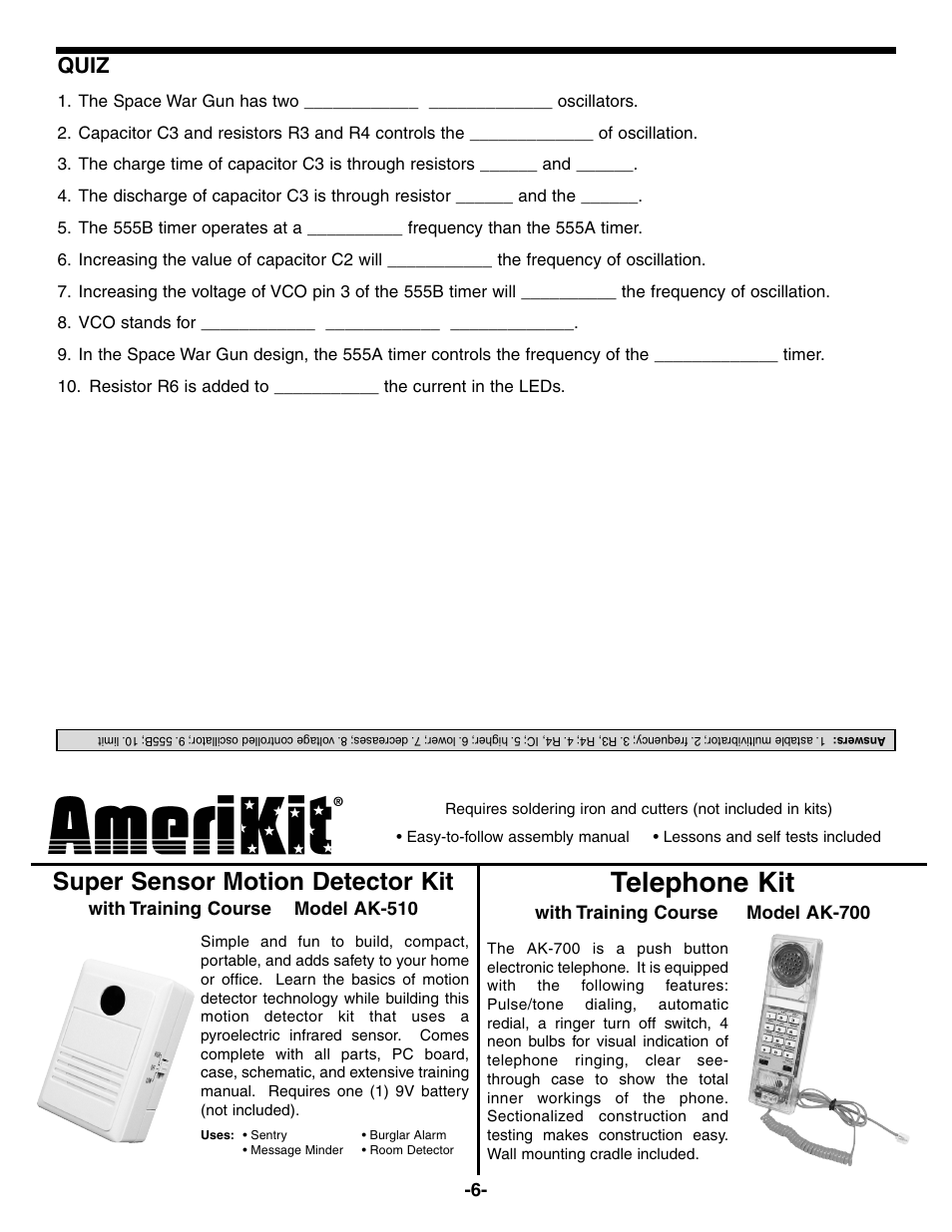 Telephone kit, Super sensor motion detector kit, Quiz | Elenco Space War Gun User Manual | Page 7 / 8
