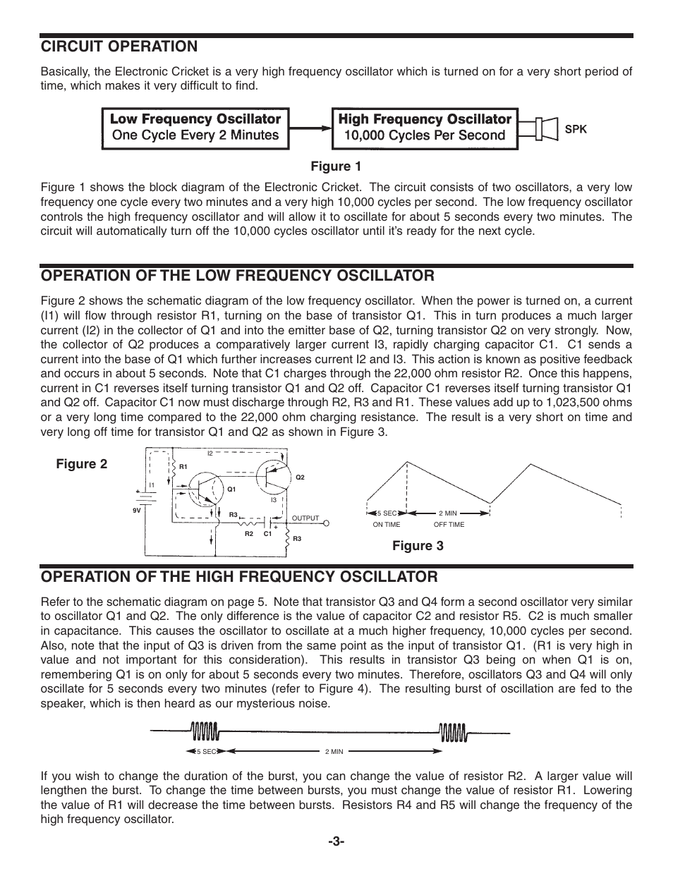 Circuit operation, Operation of the low frequency oscillator, Operation of the high frequency oscillator | Figure 1 figure 2 figure 3 | Elenco Electronic Cricket User Manual | Page 4 / 8