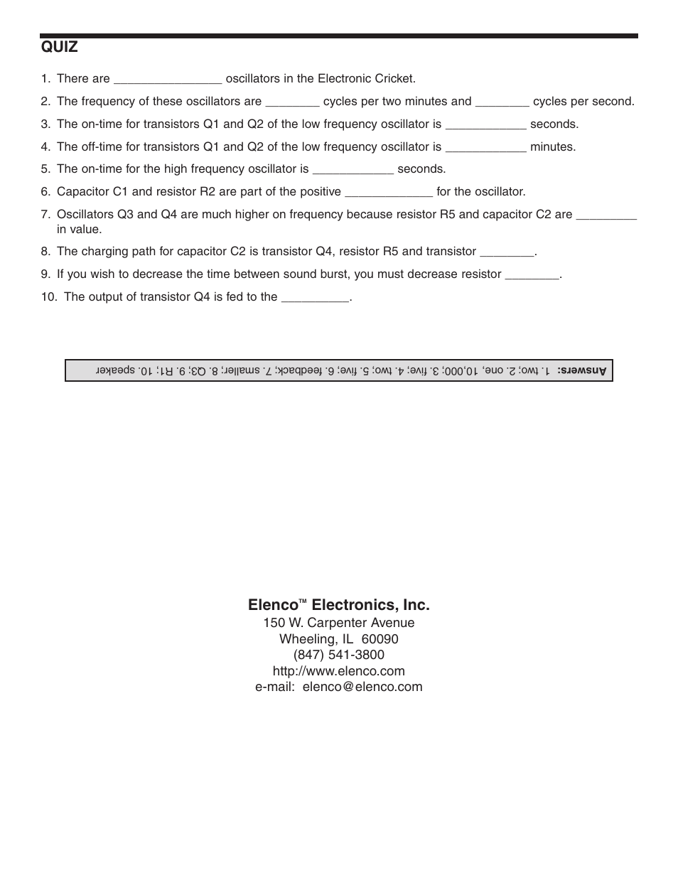 Elenco, Electronics, inc, Quiz | Elenco Electronic Cricket User Manual | Page 8 / 8