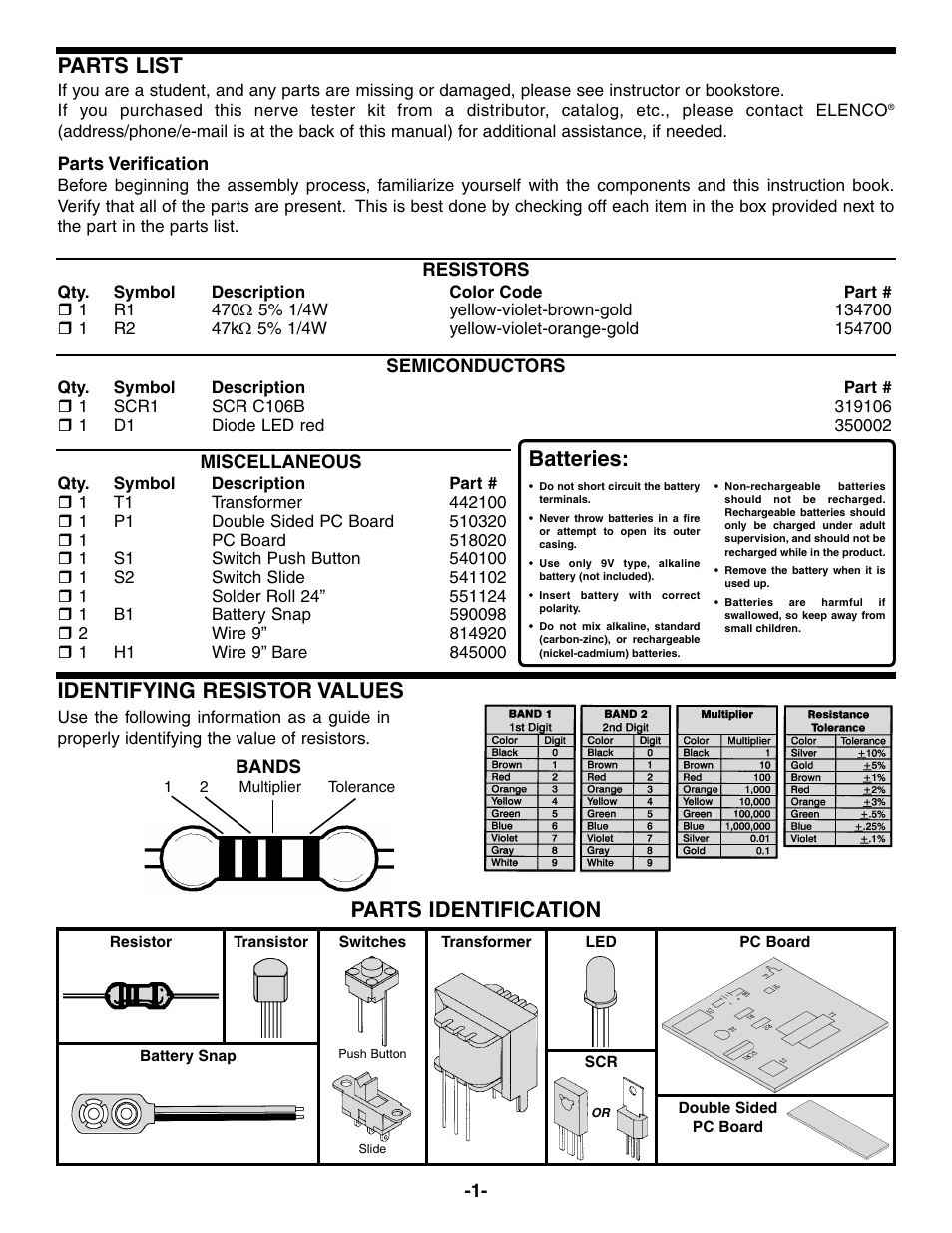 Parts list, Parts identification, Identifying resistor values | Batteries | Elenco Nerve Tester User Manual | Page 2 / 8