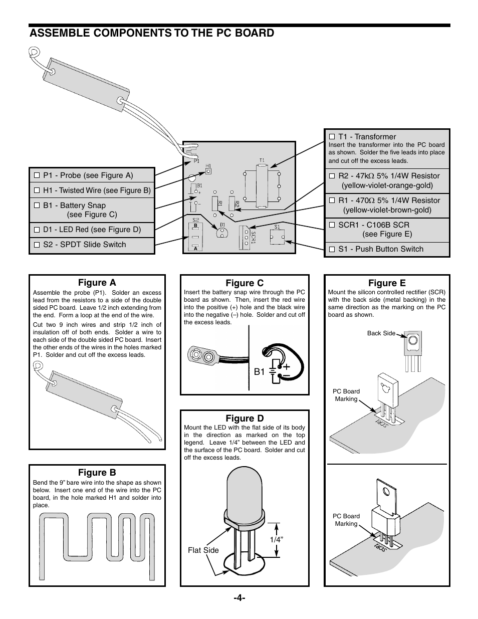 Assemble components to the pc board, Figure a, Figure b | Figure c, Figure d, Figure e | Elenco Nerve Tester User Manual | Page 5 / 8