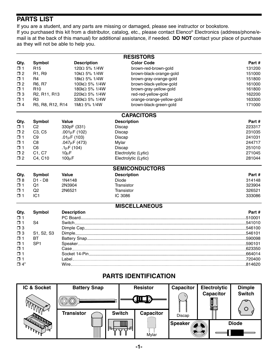 Parts list, Parts identification, Resistors | Capacitors, Semiconductors, Miscellaneous | Elenco Yap Box User Manual | Page 2 / 8