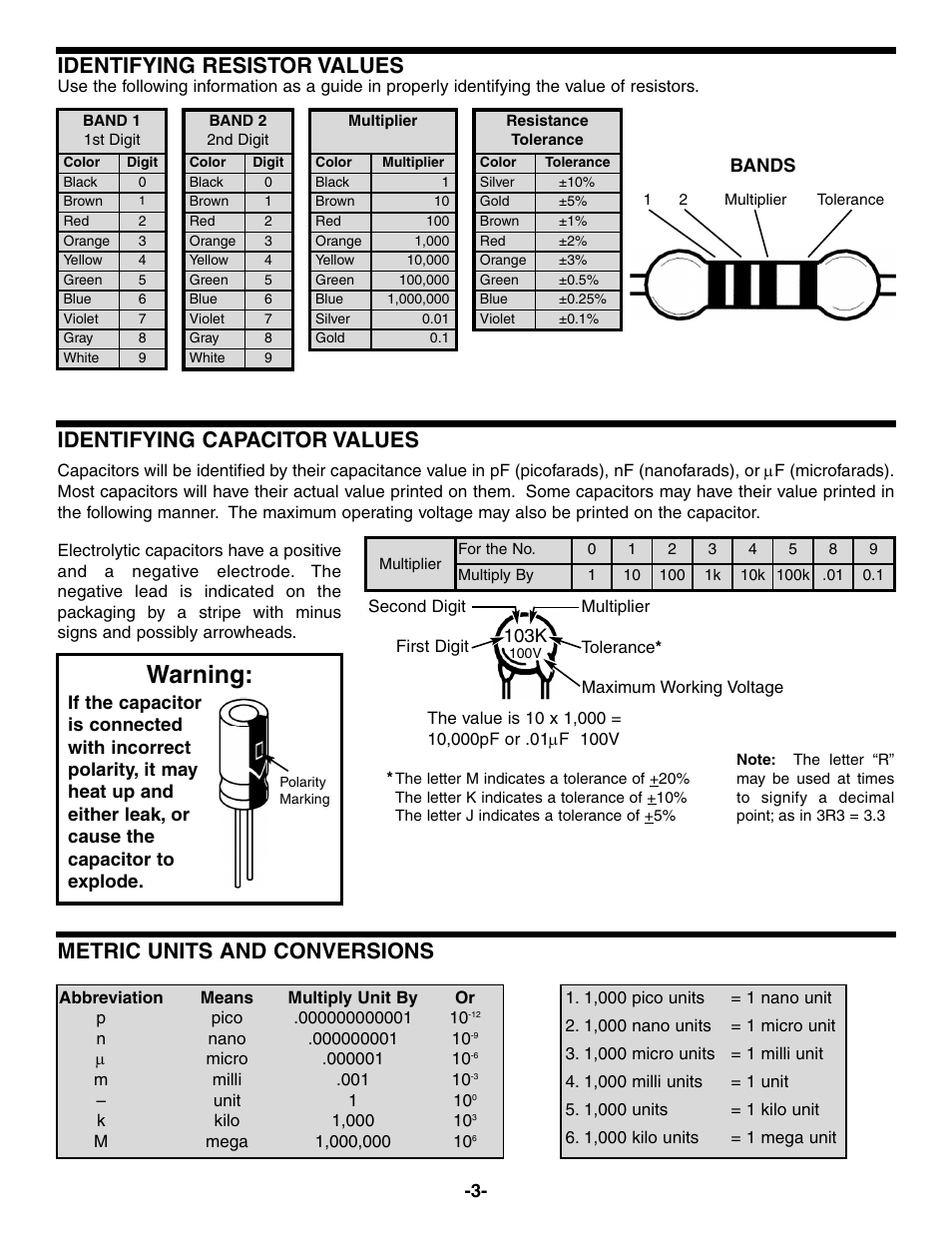 Warning, Identifying resistor values, Metric units and conversions | Identifying capacitor values | Elenco Yap Box User Manual | Page 4 / 8