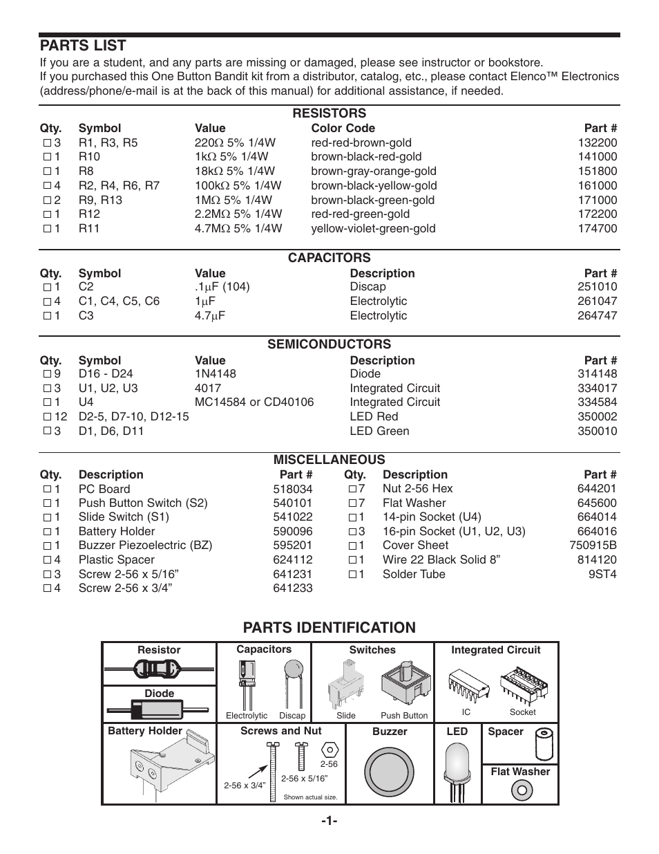 Parts list, Parts identification | Elenco One Button Bandit User Manual | Page 2 / 12