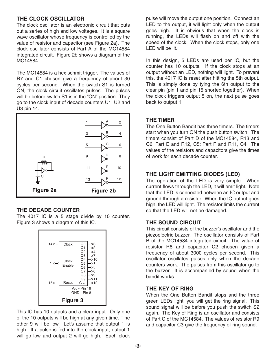 The clock oscillator, The decade counter, The timer | The light emitting diodes (led), The sound circuit, The key of ring, Figure 3, Figure 2b, Figure 2a | Elenco One Button Bandit User Manual | Page 4 / 12
