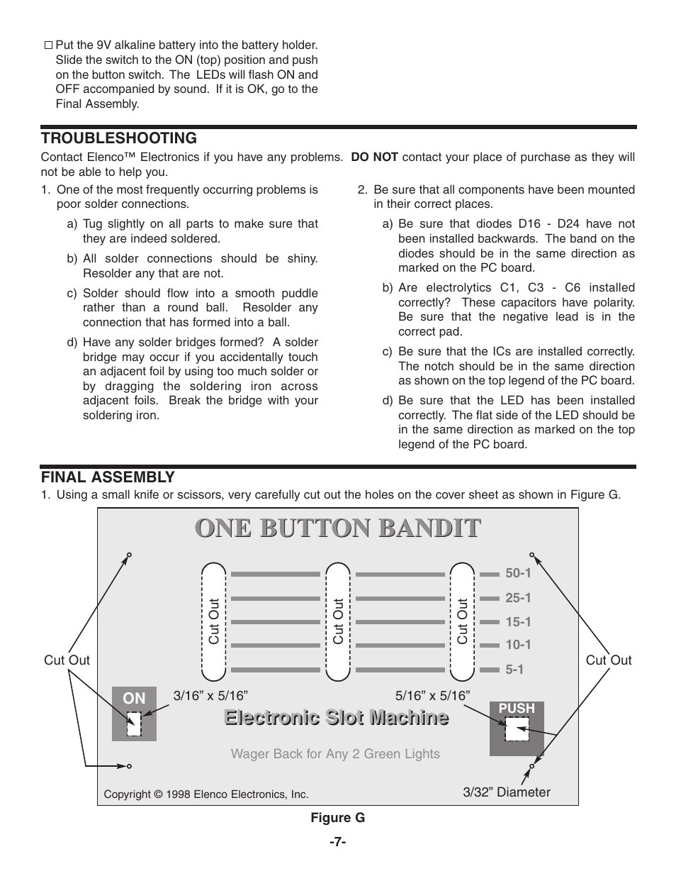 One button bandit, Electronic slot machine | Elenco One Button Bandit User Manual | Page 8 / 12