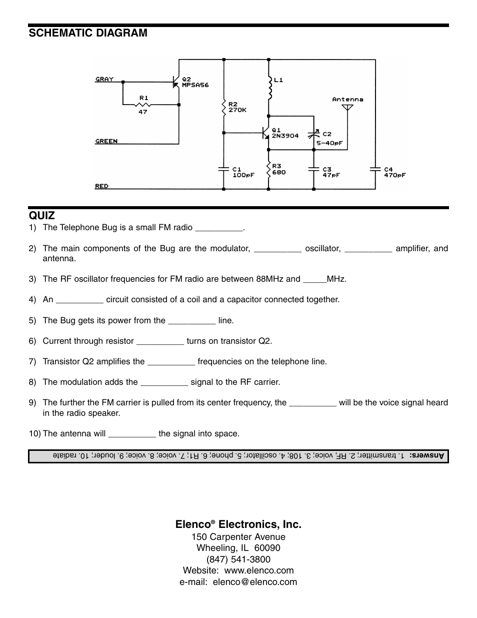 Quiz, Schematic diagram elenco, Electronics, inc | Elenco Telephone Bug User Manual | Page 8 / 8