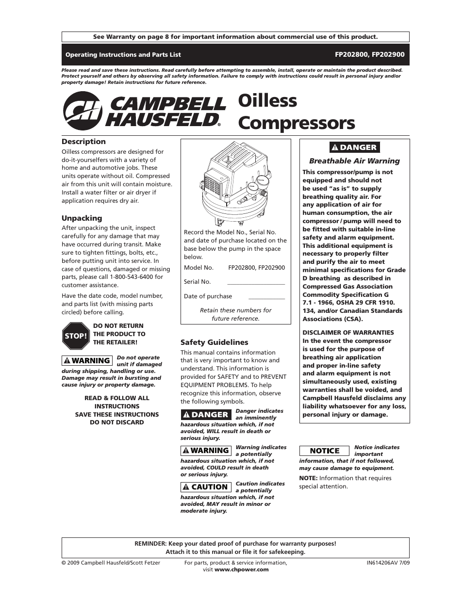 Campbell Hausfeld IN614206AV User Manual | 24 pages