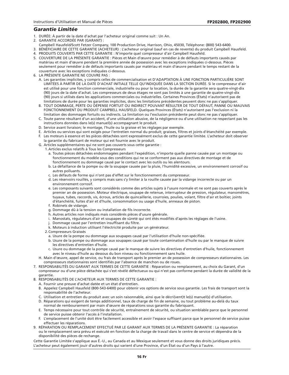 Garantie limitée | Campbell Hausfeld IN614206AV User Manual | Page 16 / 24