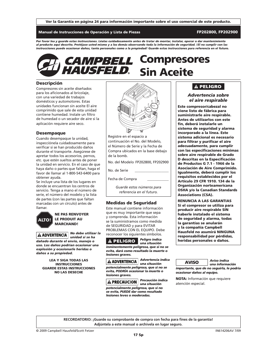 Compresores sin aceite | Campbell Hausfeld IN614206AV User Manual | Page 17 / 24