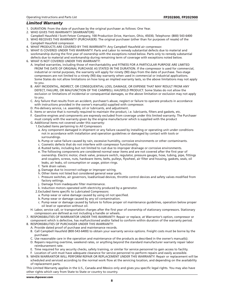 Limited warranty | Campbell Hausfeld IN614206AV User Manual | Page 8 / 24