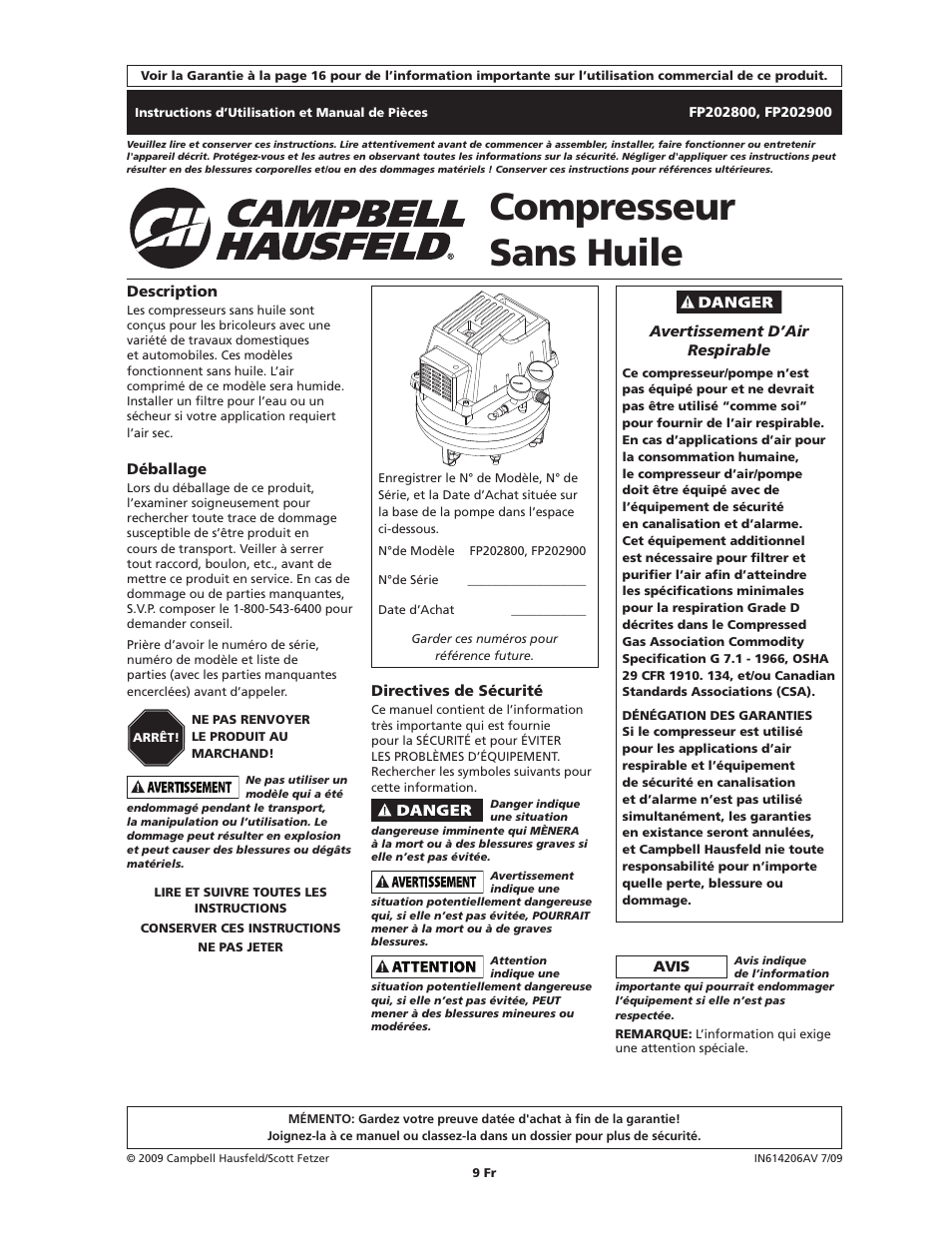 Compresseur sans huile | Campbell Hausfeld IN614206AV User Manual | Page 9 / 24