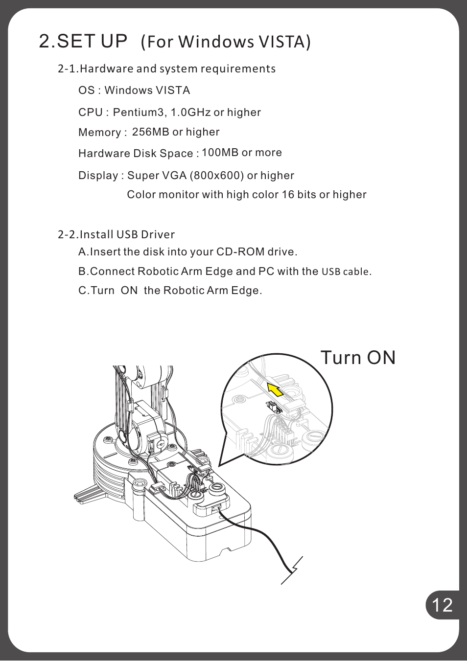 12 2.set up (for windows vista), Turn on | Elenco USB Interface for Robotic Arm Edge User Manual | Page 15 / 44