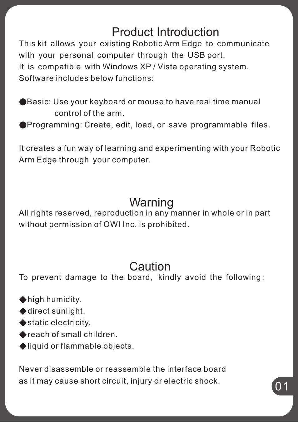Product introduction warning caution | Elenco USB Interface for Robotic Arm Edge User Manual | Page 4 / 44