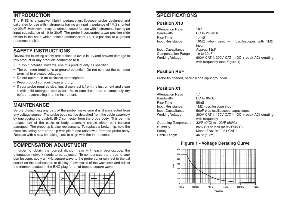 Specifications, Introduction, Safety instructions | Maintenance, Compensation adjustment | Elenco 250MHz x1 x10 Scope Probe User Manual | Page 2 / 2