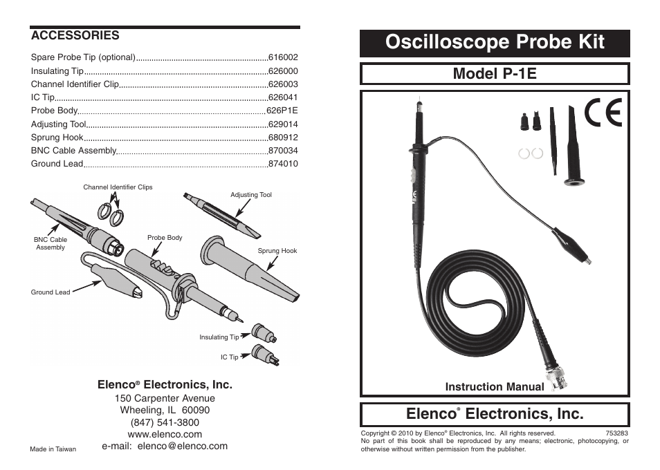 Elenco 65MHz x1 x10 Scope Probe User Manual | 2 pages