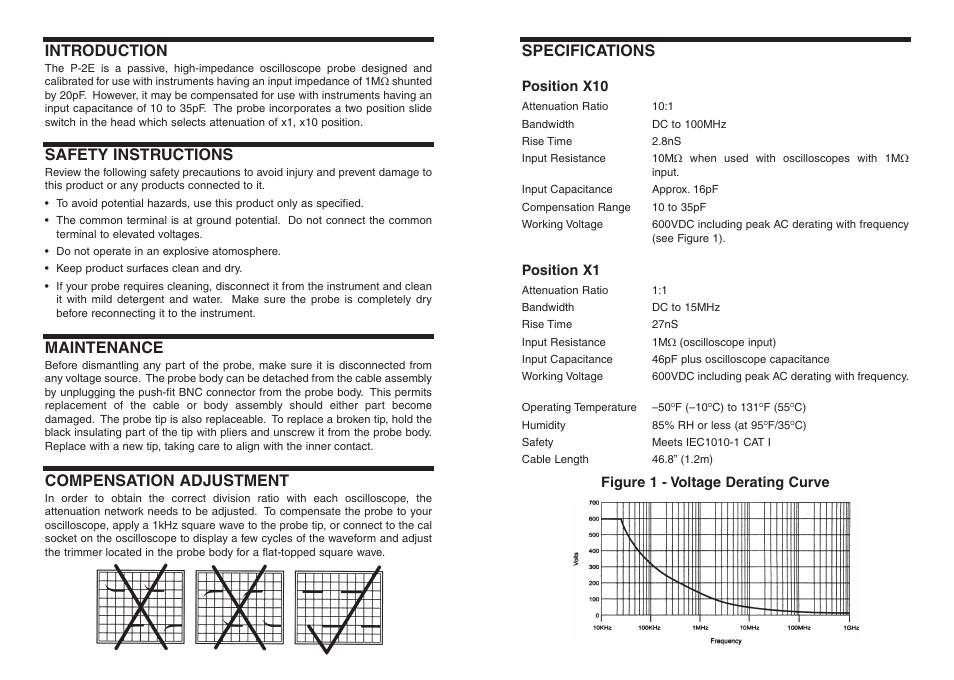 Introduction, Safety instructions, Maintenance | Compensation adjustment, Specifications | Elenco 100MHz x1 x10 Scope Probe User Manual | Page 2 / 2