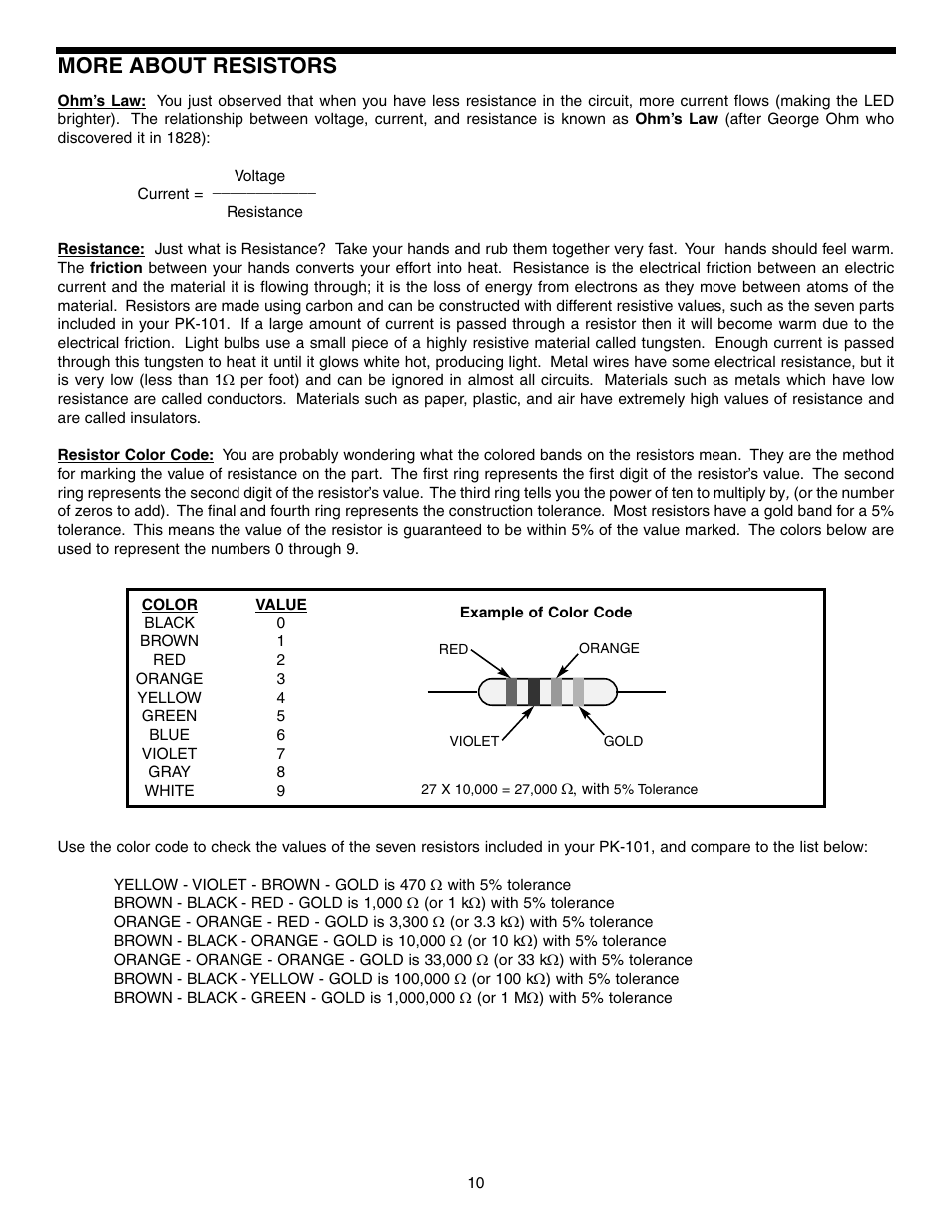 More about resistors | Elenco Basic Electronic Experiments User Manual | Page 10 / 72