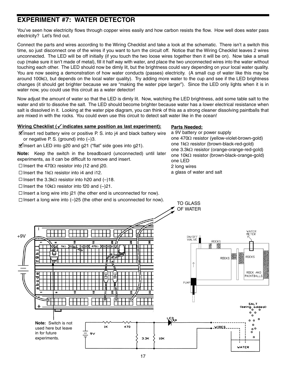 Experiment #7: water detector | Elenco Basic Electronic Experiments User Manual | Page 17 / 72