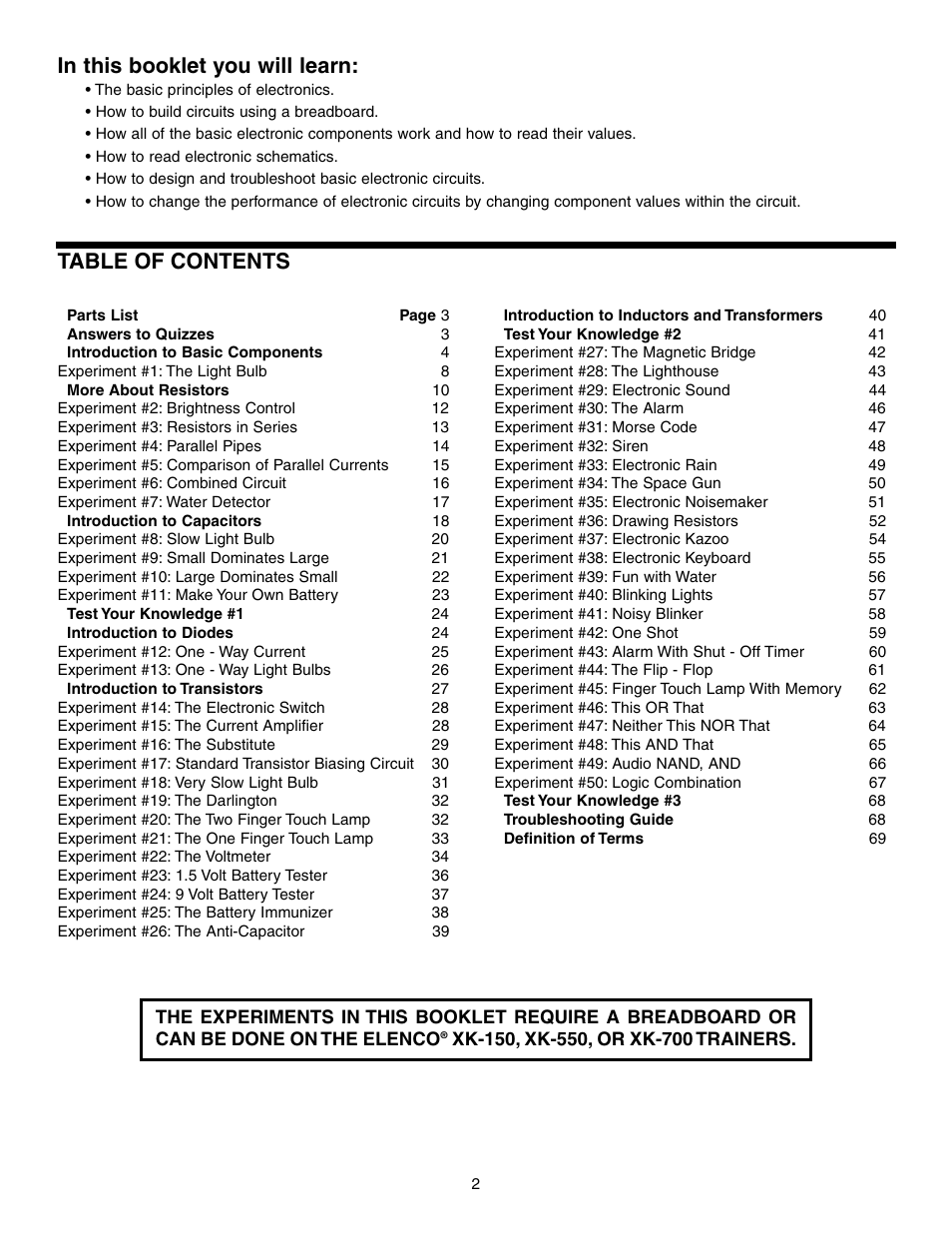 Table of contents in this booklet you will learn | Elenco Basic Electronic Experiments User Manual | Page 2 / 72