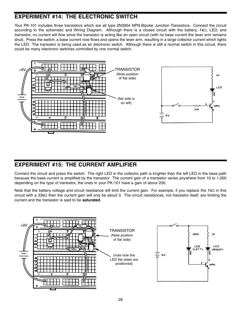Experiment #15: the current amplifier, Experiment #14: the electronic switch | Elenco Basic Electronic Experiments User Manual | Page 28 / 72