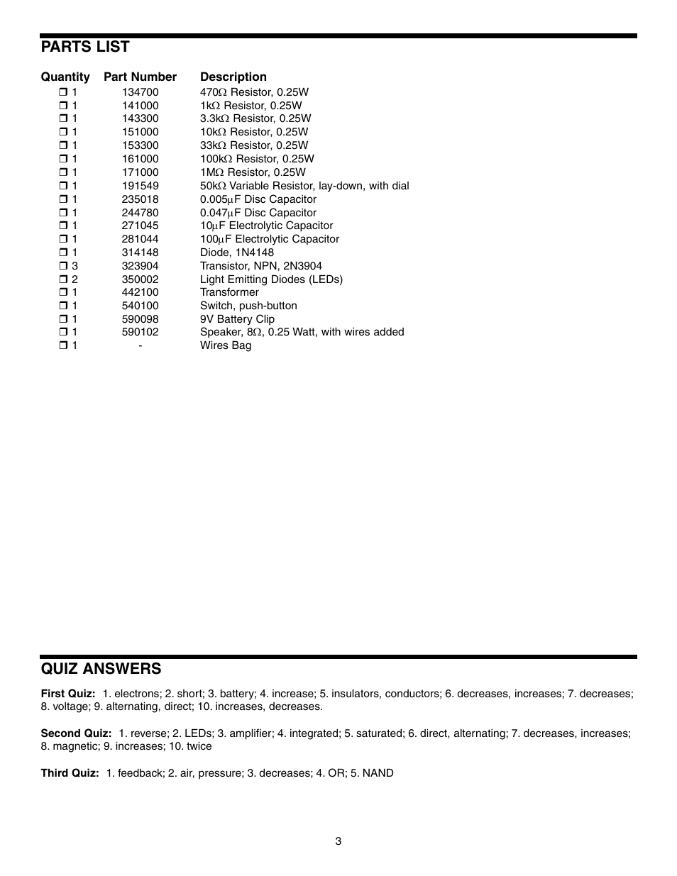 Parts list, Quiz answers | Elenco Basic Electronic Experiments User Manual | Page 3 / 72