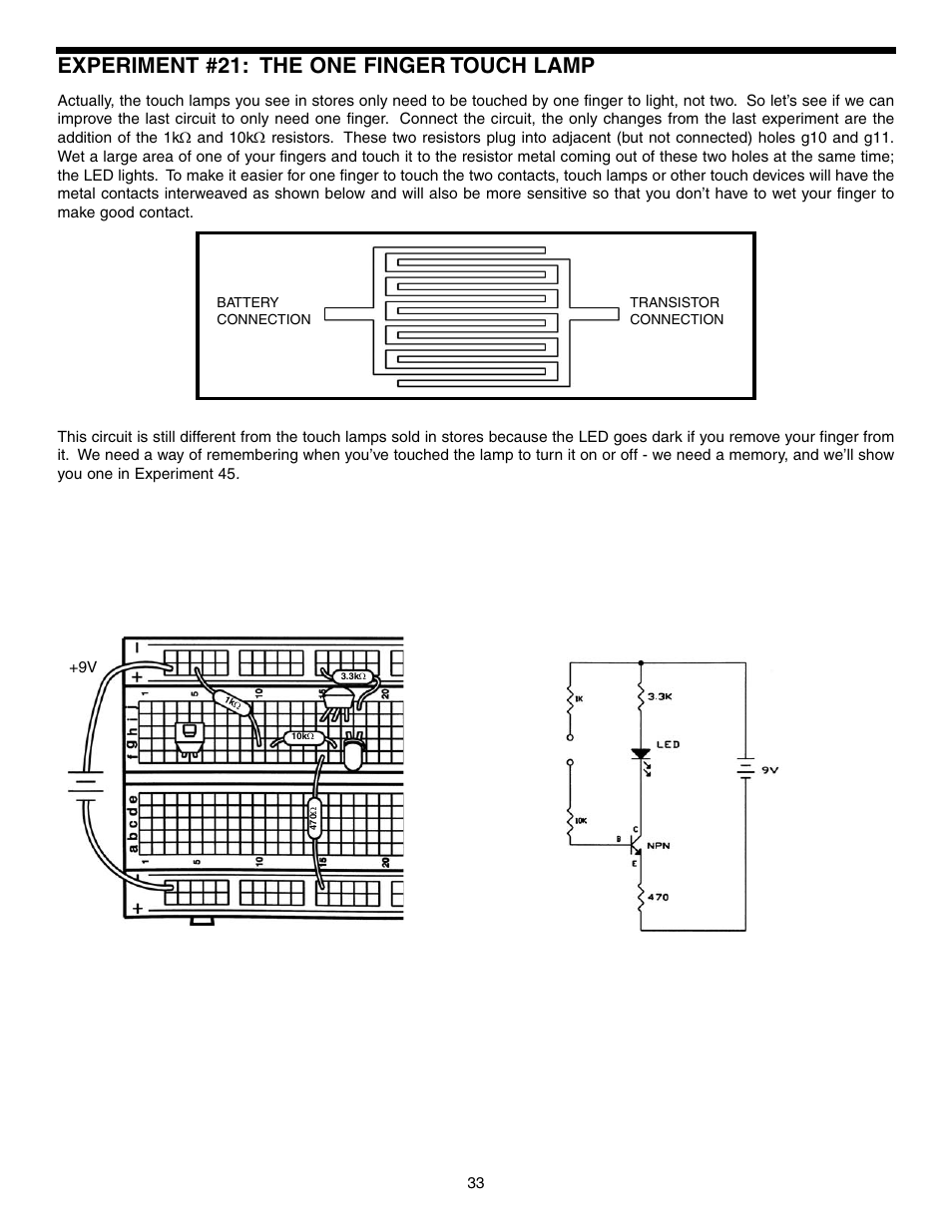 Experiment #21: the one finger touch lamp | Elenco Basic Electronic Experiments User Manual | Page 33 / 72