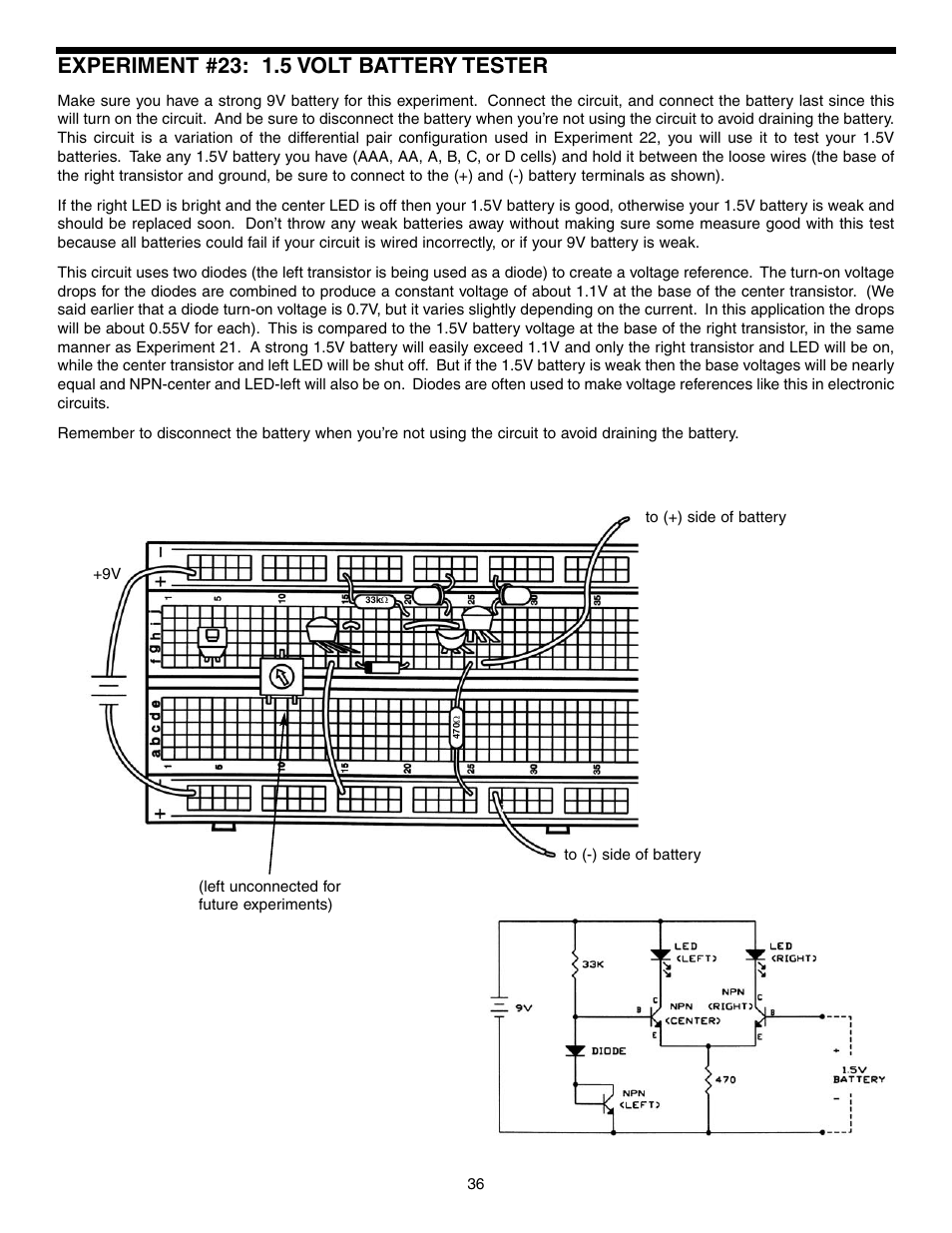 Experiment #23: 1.5 volt battery tester | Elenco Basic Electronic Experiments User Manual | Page 36 / 72