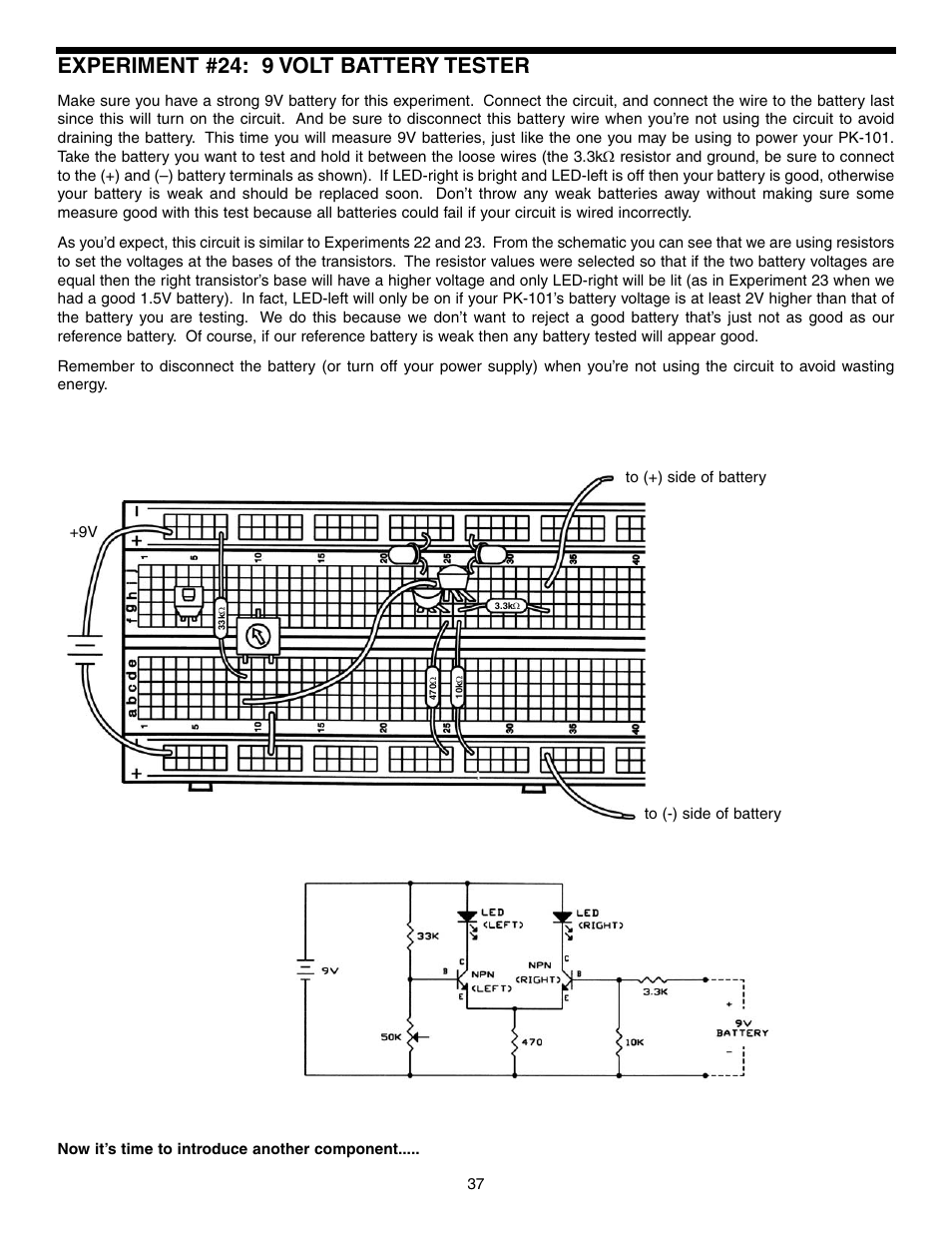 Experiment #24: 9 volt battery tester | Elenco Basic Electronic Experiments User Manual | Page 37 / 72