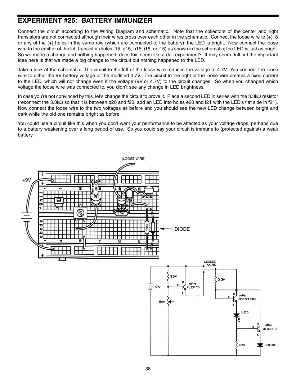 Experiment #25: battery immunizer | Elenco Basic Electronic Experiments User Manual | Page 38 / 72