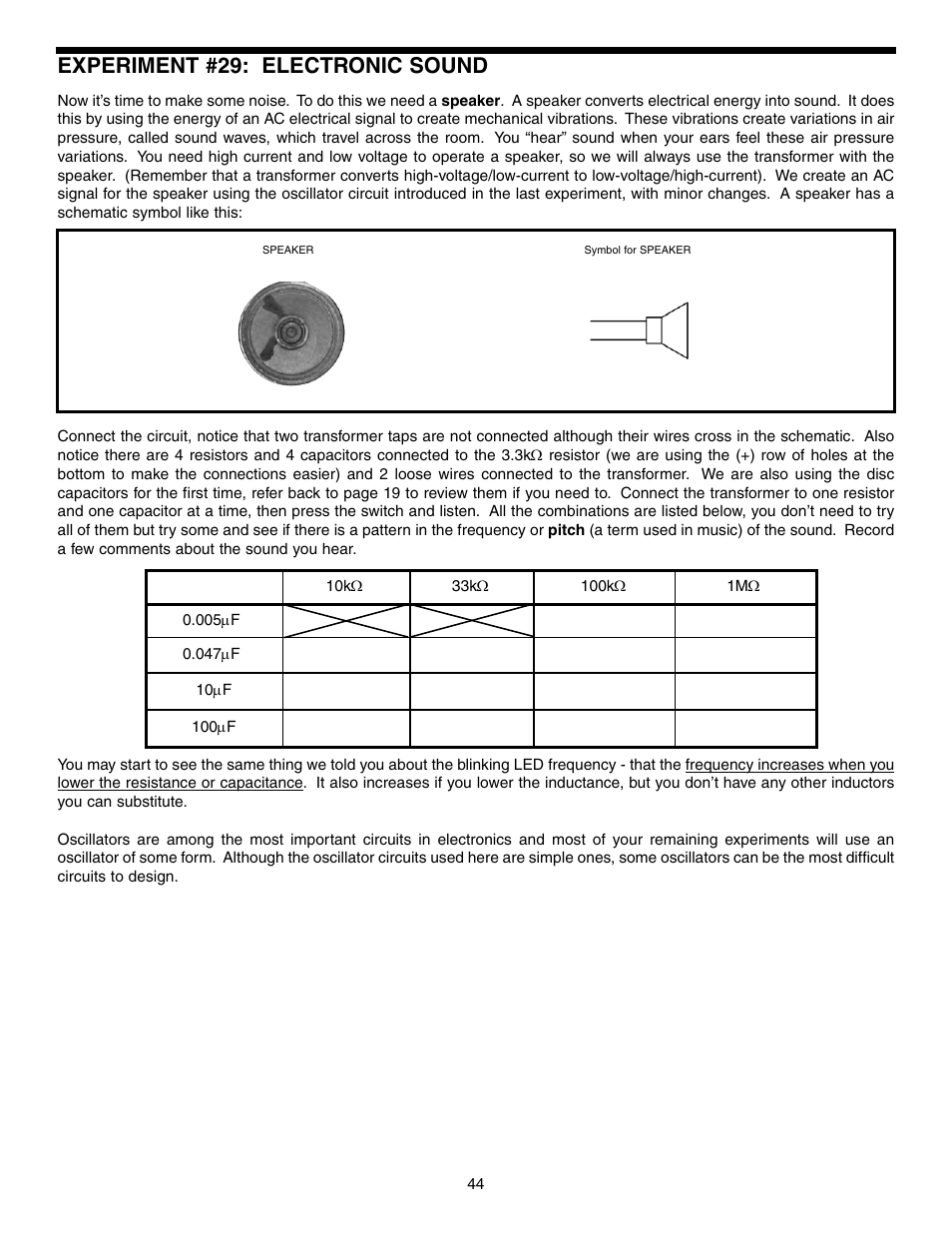 Experiment #29: electronic sound | Elenco Basic Electronic Experiments User Manual | Page 44 / 72