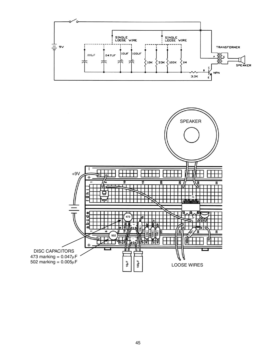 45 speaker loose wires +9v | Elenco Basic Electronic Experiments User Manual | Page 45 / 72