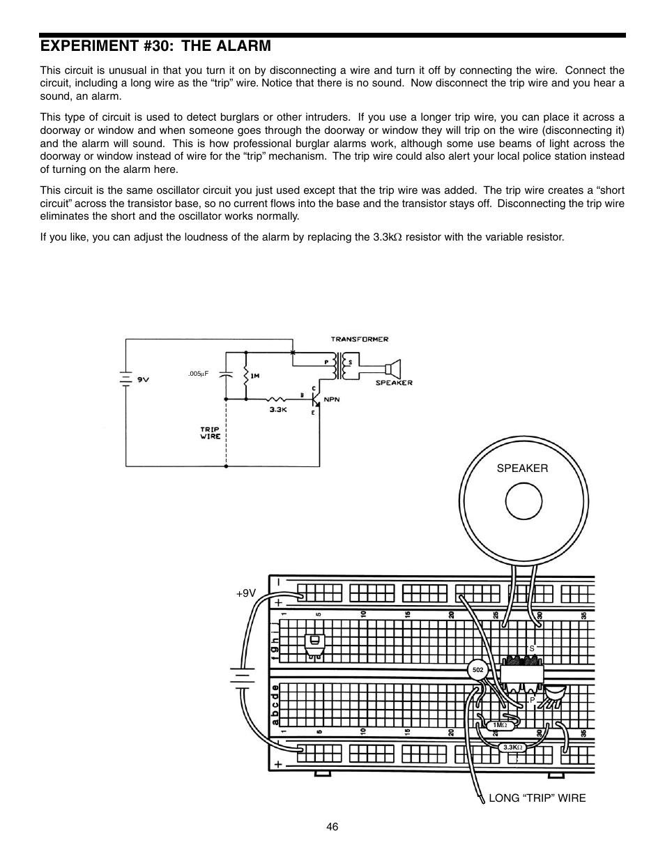 Experiment #30: the alarm | Elenco Basic Electronic Experiments User Manual | Page 46 / 72