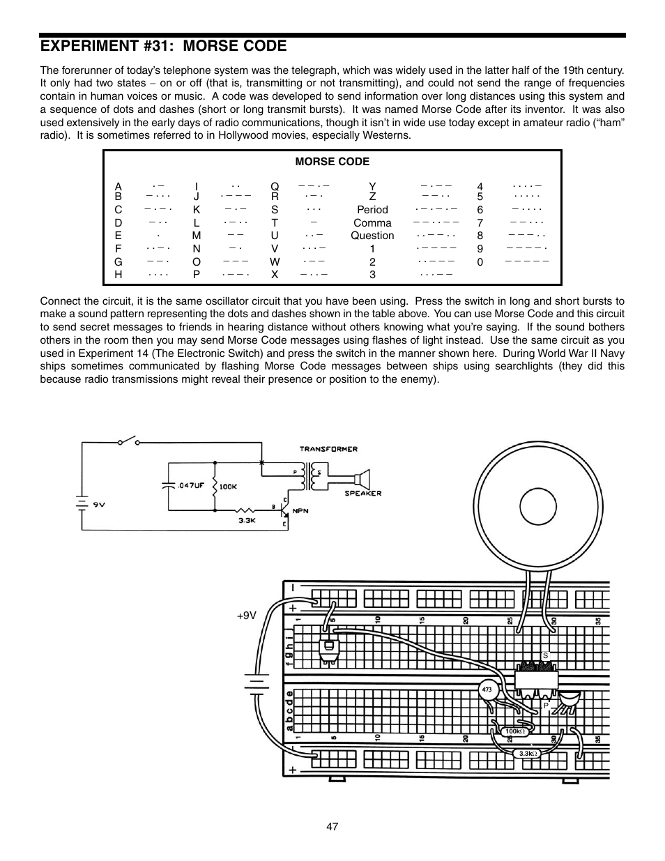 Experiment #31: morse code | Elenco Basic Electronic Experiments User Manual | Page 47 / 72
