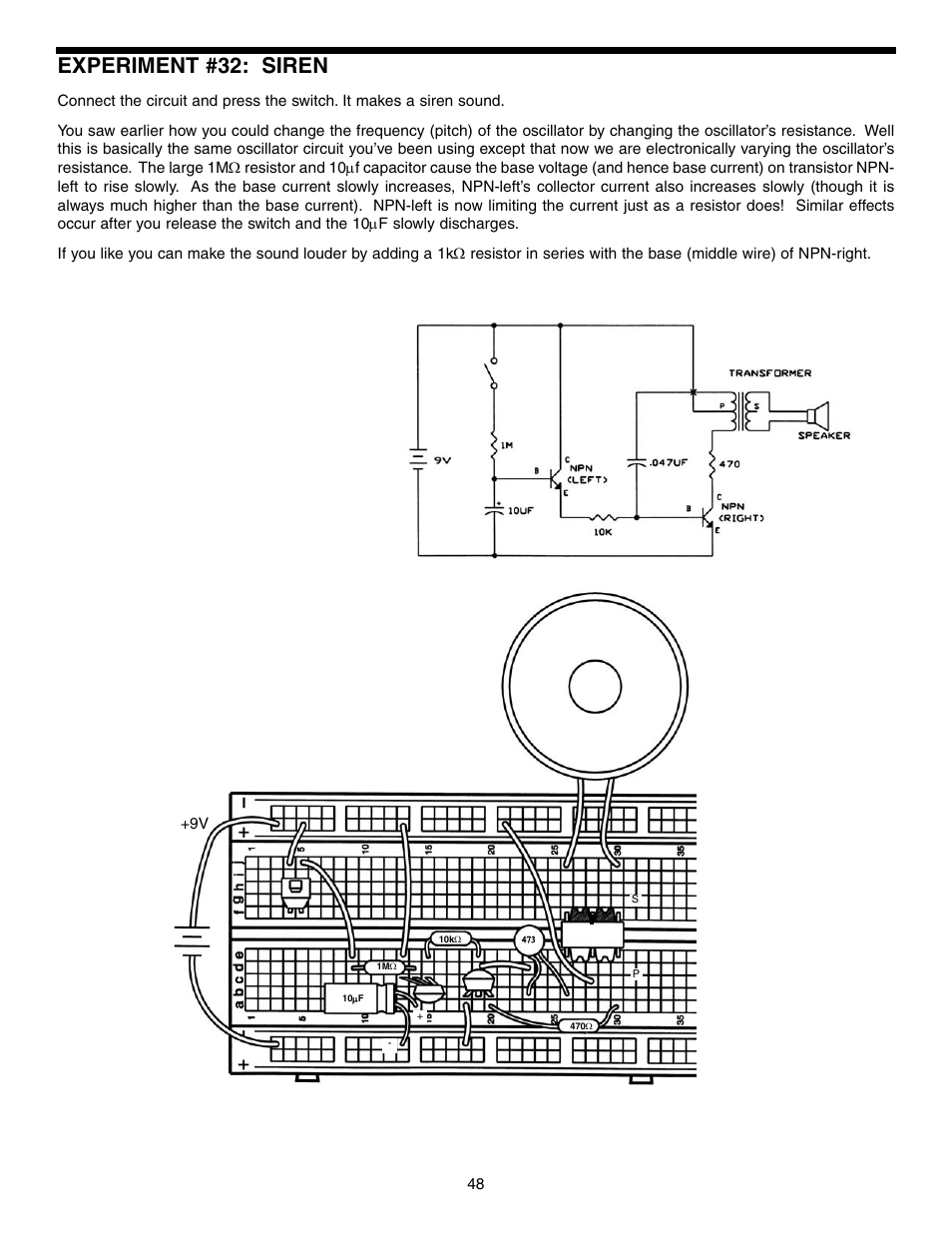 Experiment #32: siren | Elenco Basic Electronic Experiments User Manual | Page 48 / 72