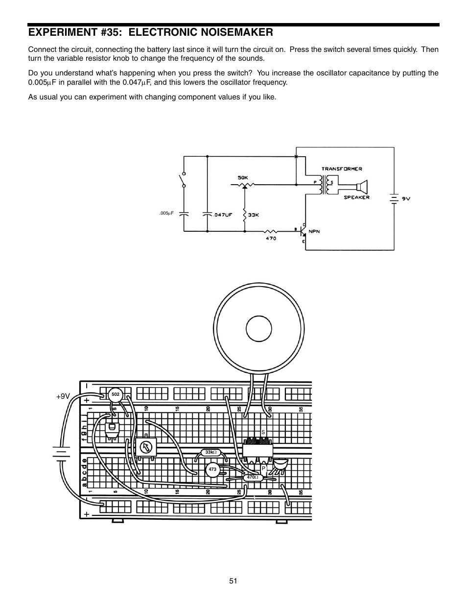 Experiment #35: electronic noisemaker | Elenco Basic Electronic Experiments User Manual | Page 51 / 72